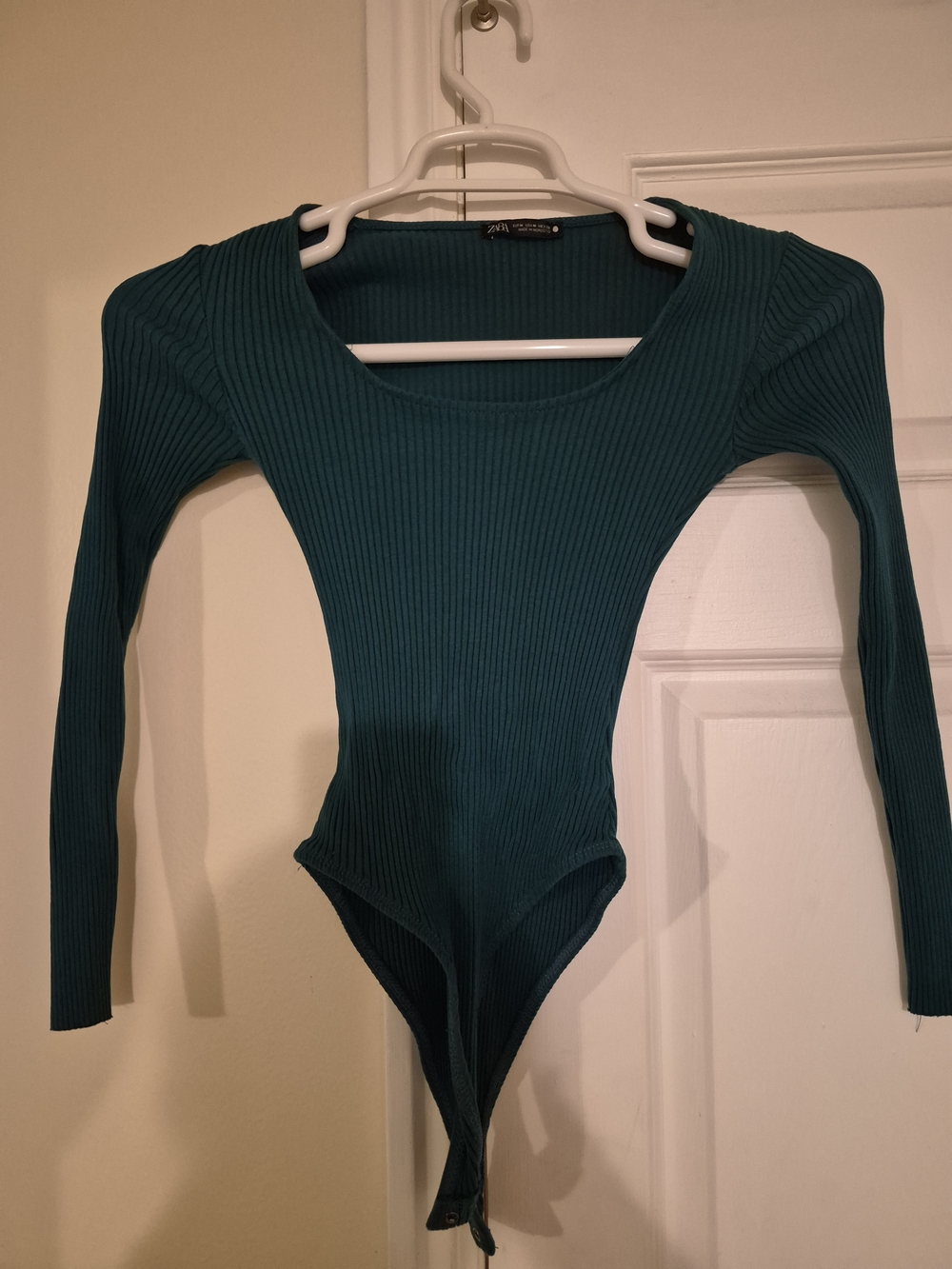 Zara Teal Ribbed Scoop-Neck Bodysuit Sweater